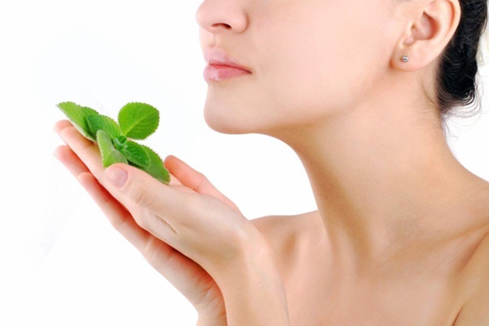 Girl holding a mint leaves